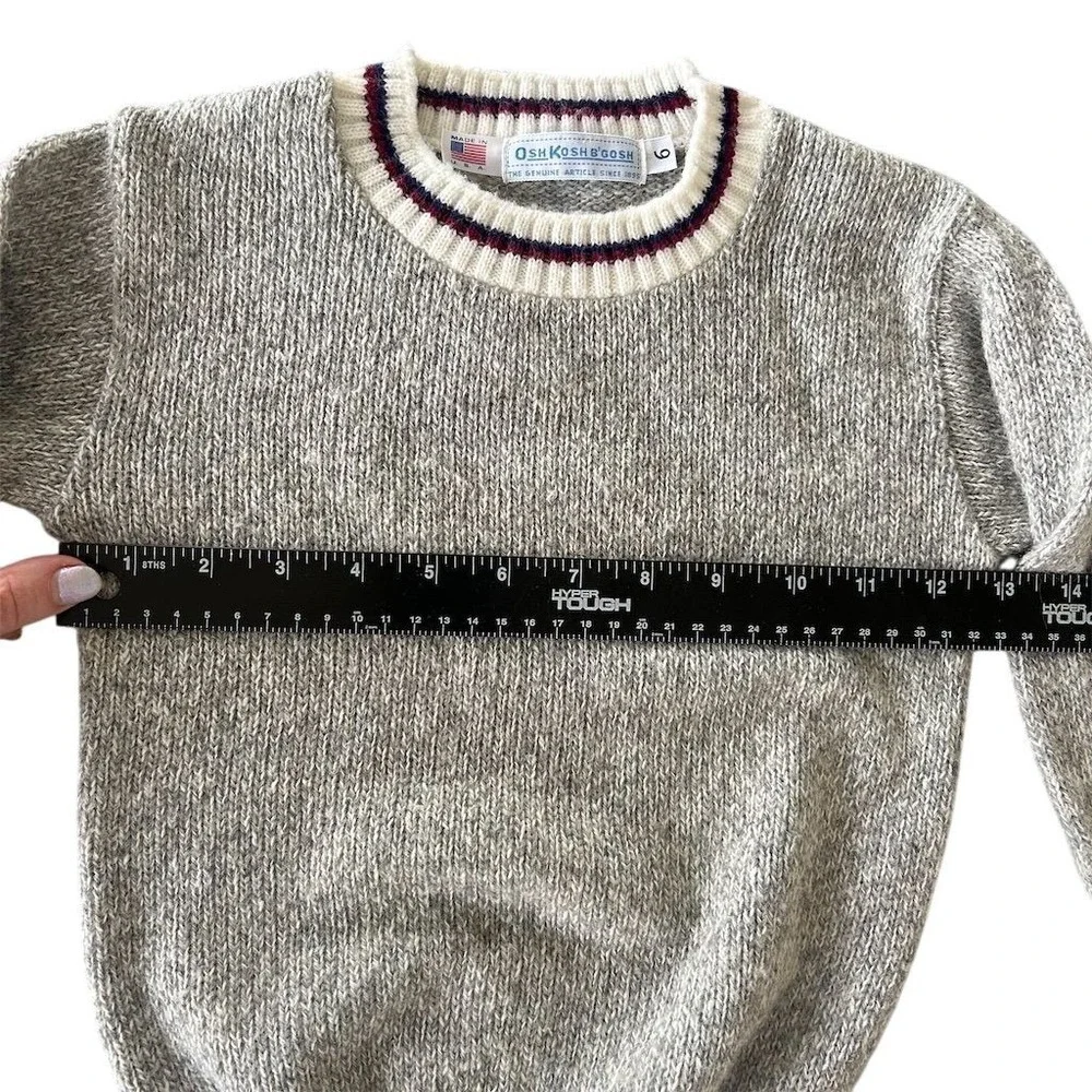 VTG USA Made OshKosh B'gosh Kids Sweater Sz 6 Gray Navy White Striped Crew Neck